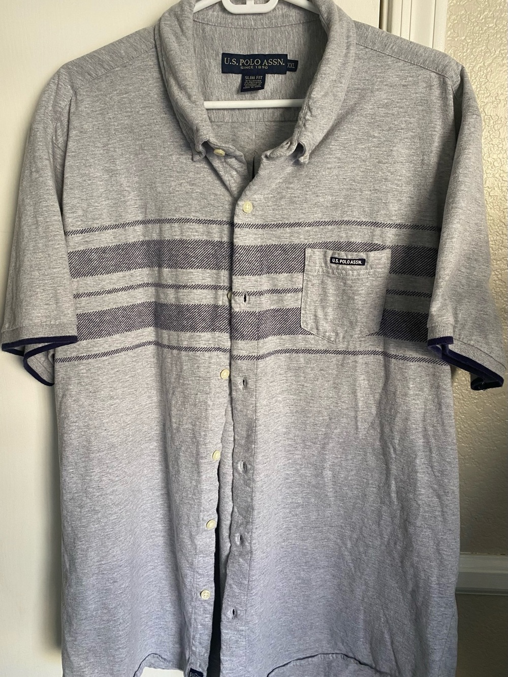 U.S. Polo Assn. Knit Stripe Button Down Short Sleeve Shirt Grey Navy XXL Slim